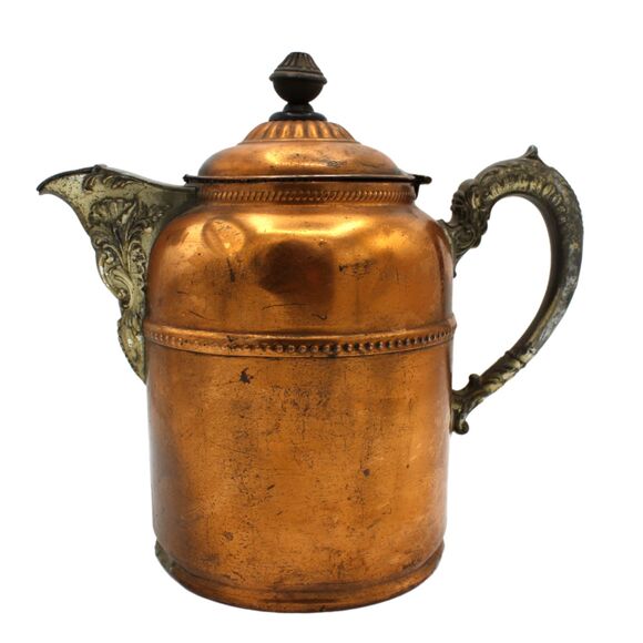 Antique Copper Brass Tea Kettle Coffee Pot Ornate Stamping Pattern Hinged Lid - Picture 5 of 9